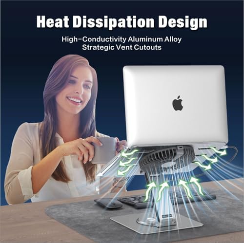 USB-C Hub Laptop Stand with Fan, Aluminum Laptop Riser with Docking Station 9-IN-1, 4K@60Hz HDMI, 100W PD Charging, USB 3.0, 3.5mm Audio, 360° Swivel, for MacBook Pro/Air, iPad Pro & Type-C Laptops