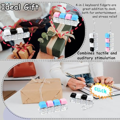 2 PCS Keyboard Fidget Toy, Keyboard Fidget Keychain 4-in-1 Keyboard Decompression Button Finger Clicker Toys, Button Stress Relief Fidget Gifts to Relief Stress (Black White Blue Pink)