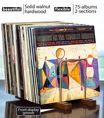 Vinyl Record Storage Holder, 75 LPs, Solid Walnut & Steel