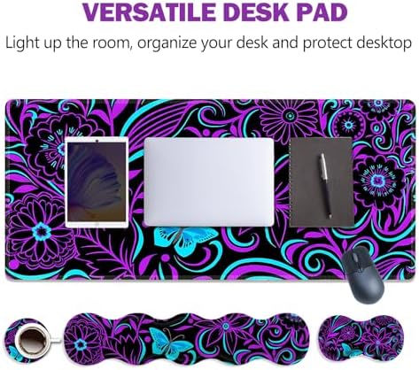ARTSO Purple Desk Mat, Large Gaming Mouse Pad with Wrist Rest, Flower Butterfly XXL Mousepad+Keyboard Wrist Rest+Mouse Pad Wrist Support+Coaster Set for Home Office Accessories
