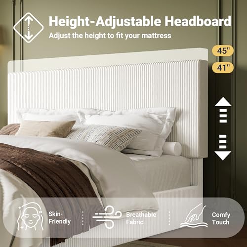 King Bed Frame, Adjustable Corduroy Headboard, Platform, White