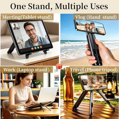 Magnetic Phone Holder & Foldable Laptop Riser, Matte Black Aluminum Multi‑Device Desk Mount, N52 MagSafe Stand, Ergonomic Laptop Elevator for MacBook iPad iPhone Travel Office