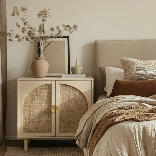 Rattan Storage Cabinet, Beige Boho Sideboard with Adjustable Shelf, Magnetic Door Latch. [2pcs, Beige]