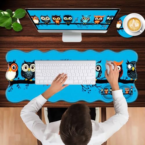 Mouse Pad with Wrist Support + Desk Mat + Coaster 3 in 1 Set, XL Large Gaming Mousepad Ergonomic Mouse Pads for Desk Computer Laptop Office,Cute Owls on a Branch