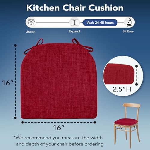 Chair Cushions for Dining Chairs, Non Slip Chair Pads with Ties and Washable Covers, Memory Foam Kitchen Chair Cushions Set of 8, 16"X16"X2.5", Red