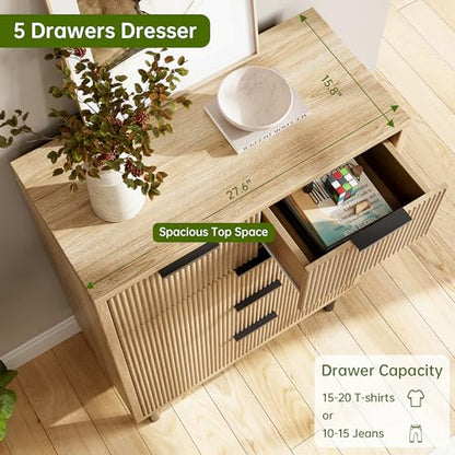 Fluted 5-Drawer Dresser with Metal Legs, Oak