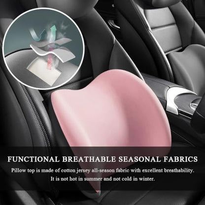 Car Lumbar Support Cushion, Ergonomic Memory Foam Car Back Support w/Removable Cover, Universal Breathable Lumbar Cushion Back Support Pillow with Adjusatble Strap (Pink)