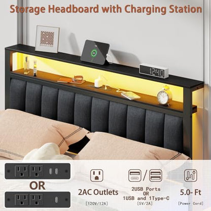 Queen Size Bed Frame with Charging Station and LED Lights