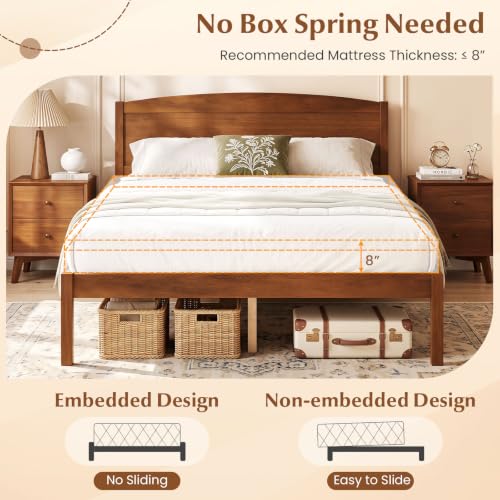 Full Size Wooden Bed Frame with Curved Headboard, Wood Slat Support