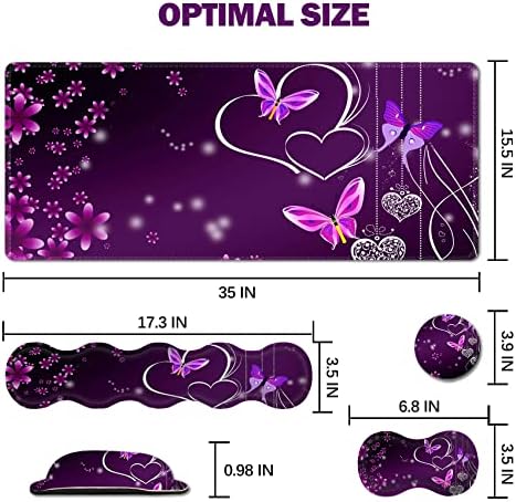 Upgraded Extended Gaming Mouse Pad, Keyboard Wrist Rest Pad, Wrist Support Mousepad Set, Artso Large Rubber Base Stitched Edges, Multifunctional Desk Pad (35 x15.5 in), Purple Heart Butterfly