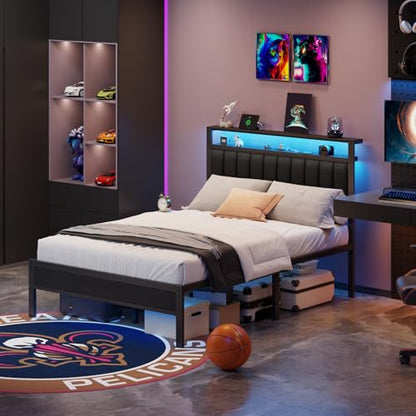 Queen Size Bed Frame with Charging Station and LED Lights