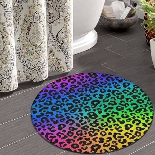 Circular Rugs Large Modern Round Area Rug Fashion Decor Mat for Home Office Colorful Cheetah Leopard Animal Print Rainbow, 60inch