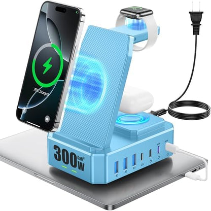 300W Charging Station for Multiple Devices Apple, Zutspzss 10 in 1 Wireless Charger for iPhone 16, GaN III USB C 65W PD Fast Charging Stand Dock for Apple Watch&Airpods,Blue