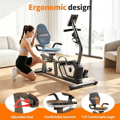 RAMXE Exercise Bikes for Home，Quiet Recumbent Stationary Bikes for Adults & Seniors, 16-Level Resistance Silent,Supports 400LB,Equipped With a Heart Rate Sensor, an LCD Display, and a Bluetooth App