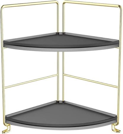 JANUS LiANG 2-Tier Spice Rack Corner Storage Shelf Makeup Organizer Stackable Cosmetic Holder Standing Counter Shelf for Bathroom, Kitchen, Countertop, and Vanity (Gold + Black)