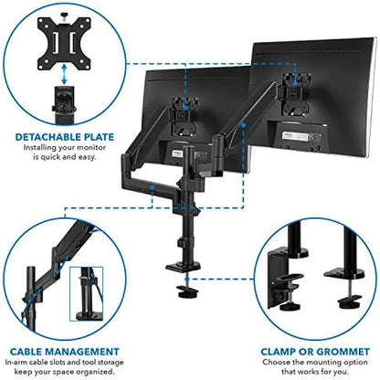 Mount-It! Dual Monitor Arm Desk Mount for 17–32" Screens, Gas Spring Adjustable Monitor Stand, Vertical Stack or Side-by-Side Setup, 17.6 lbs Each Arm, VESA 75x75 100x100, Clamp & Grommet Base MI-4762