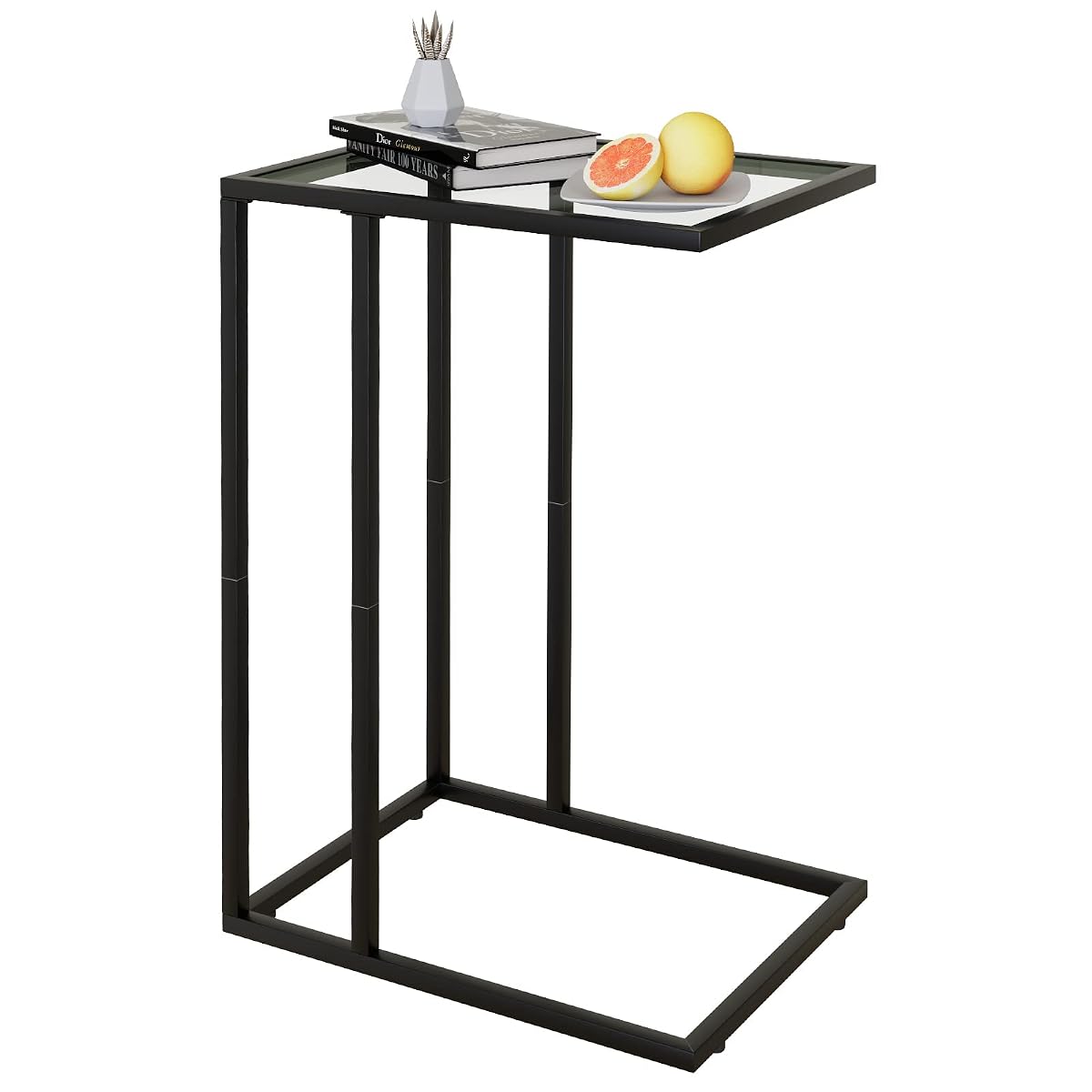 C Table Glass End Table, Couch Side Table, Tempered Glass Snack Side Table with Metal Frame, TV Tray Table for Small Space, Sofa Couch Side Tableand Bed Side Table(Black)