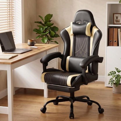 LUCKRACER Gaming Chair with Footrest, Pocket Spring Seat, 90°-135° Reclining Computer Chair with Linkage Armrests, Lumbar Support, Height Adjustment, SGS-Tested Gas Lift, 330 lbs Capacity, Yellow