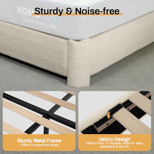 WEUP King Size Boucle Bed Frame, Soft Upholstered Cloud Bed Frame with Headboard, Rounded Corners, No Box Spring Required, Adjustable Headboard, Easy Assembly