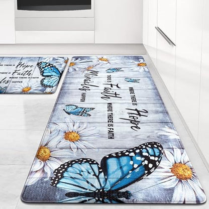 Likiyol Butterfly Floral Kitchen Rugs 2 Piece Farmhouse Kitchen Mats Cushioned Anti Fatigue, Non Slip Washable Kitchen Mats for Floor White Daisy Comfort Mat for Home Sink, 18'' x 30'' + 18'' x 48''