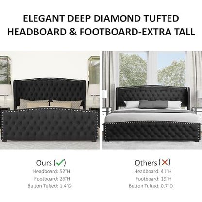 Queen Size Bed Frame with Velvet Upholstered Wingback Headboard