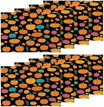 Shrahala Cute Halloween Pumpkins Set of 8 12 X 18 Inch Linen Placemats, Black Background Pink Blue Tiny Squash Burlap Table Mat Washable Double Layered Heat Insulation for Indoor/Outdoor