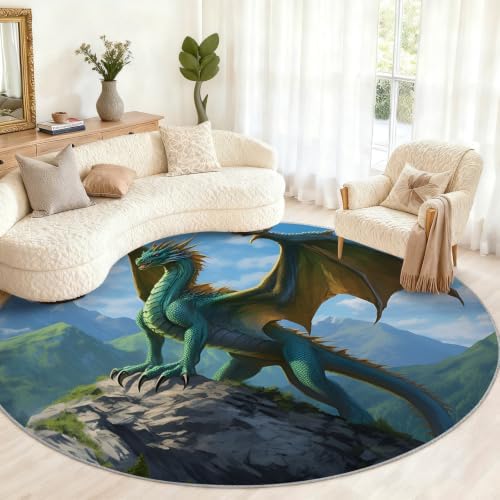Dragon Round Rug - 2ft Small Western Dragon Round Area Rug for Entryway, Boy's Room Playroom Circle Rugs Washable Non-Slip Carpet for Bathroom Bedside Kitchen Decor Mat