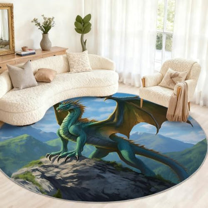 Dragon Round Rug - 2ft Small Western Dragon Round Area Rug for Entryway, Boy's Room Playroom Circle Rugs Washable Non-Slip Carpet for Bathroom Bedside Kitchen Decor Mat