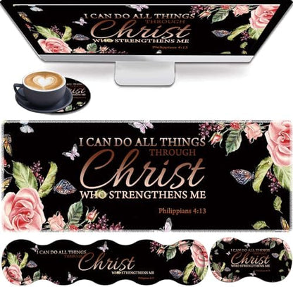 4 in 1 Mouse Pad Combo, Large Gaming Mouse Pad + Keyboard Wrist Support + Mouse Wrist Rest + Coaster, Table Pad with Stitched Edge Ergonomic Wrist Pad Set, Philippians 4-13 Flowers