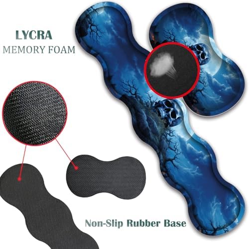 4 in 1 Mouse Pad Combo, Large Gaming Mouse Pad + Keyboard Wrist Support + Mouse Wrist Rest + Coaster, Table Pad 31.5 "x 11.8" with Memory Foam Ergonomic Wrist Pad Set, Blue Skull Moon