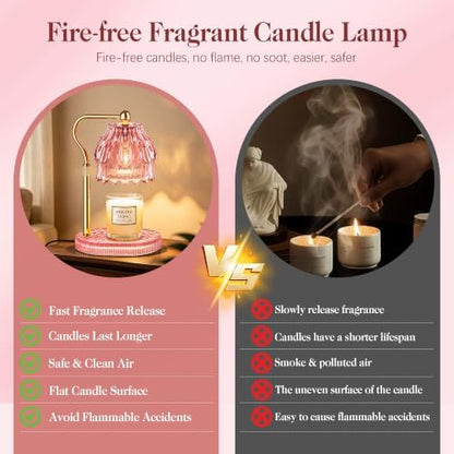 Candle Warmer Lamp with Timer Dimmer, Modern Wax Warmer for Scented Wax Jar Candle Warmer with 2 Bulbs, Adjustable Height Glass Lamp for Women, House Warming Gifts, Gold Pink