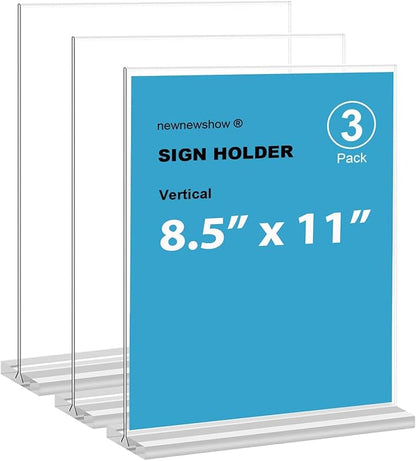 newnewshow 8.5x11 Acrylic Sign Holder 3 Pack Vertical Double-Sided Display (Optional 8.5x11 8.5x5.5 5x7 Horizontal and Vertical)