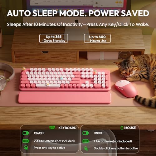 Wireless Keyboard and Mouse Combo, Typewriter Keyboard with Magnetic Wrist Rest, Full-Size Cute Round Keycaps, Sleep Mode, 2.4G Keyboards for Mac/Windows/PC, Office or Home, Trueque CK23Pro
