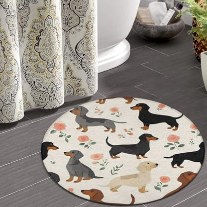Large Home Decor Mat, Soft Round Yoga Carpet, Non Slip Machine Washable Home Office Circle Rug Cute Dachshund Floral
