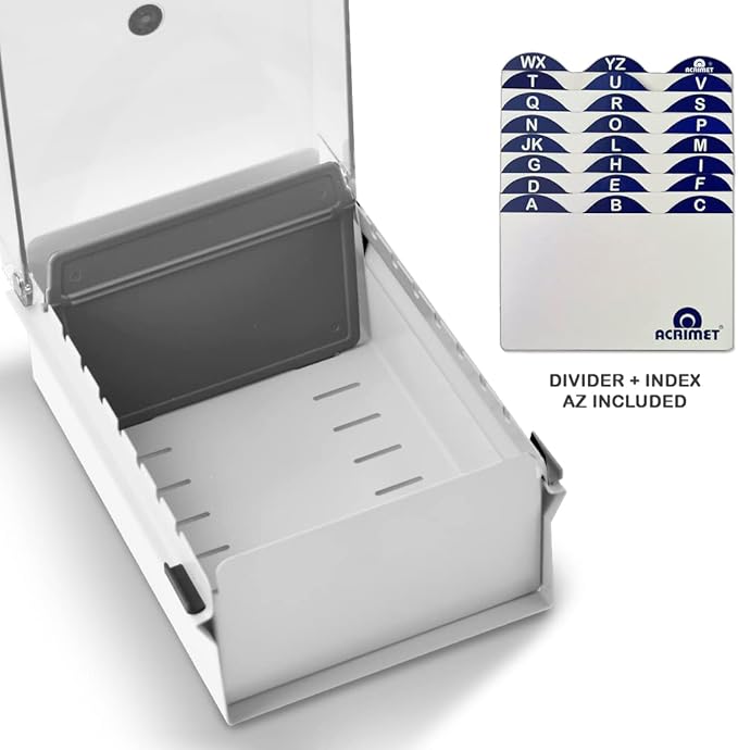 Acrimet 3 x 5 Card File Holder Organizer Box Metal Base Heavy Duty (AZ Index Cards and Divider Included) (White Color with Clear Crystal Plastic Lid Cover)
