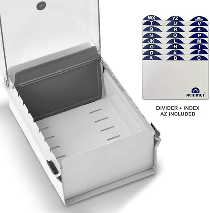 Acrimet 3 x 5 Card File Holder Organizer Box Metal Base Heavy Duty (AZ Index Cards and Divider Included) (White Color with Clear Crystal Plastic Lid Cover)