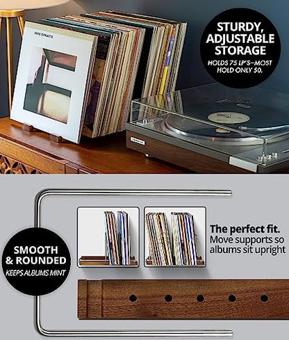 Vinyl Record Storage Holder, 75 LPs, Solid Walnut & Steel