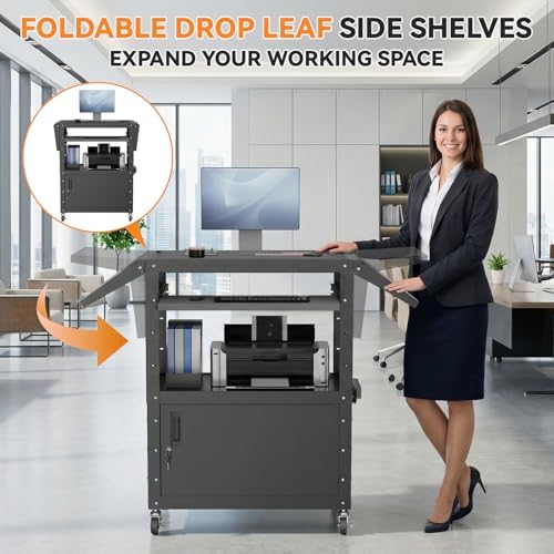 Mobile AV Cart with Drop Leaves & Adjustable Height, Rolling Computer Cart with Pullout Keyboard Tray – Locking Cabinet, 3 Outlets&2 USB Ports, Lock Brake Casters, Utility Cart for Office/Classroom