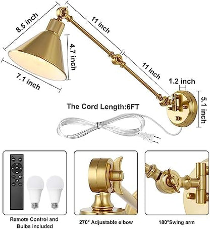 TRLIFE Wall Sconce with Remote Control, Brushed Brass Plug in Wall Sconces Dimmable and Adjustable Color Temperature 2700K-6000K, Swing Arm Wall Lights with Plug in Cord, UL Listed(2 Pack, 2 Bulbs)