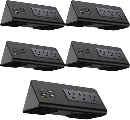 Kable Kontrol Desk Clamp Power Strip with USB-C Port, Nightstand Charging Station, 3 AC Outlets, 3 USB-A Ports, Fast Charger, Easy Installation for Home, Offices, Hotels – 4.9 Ft, Black, 5 Pcs