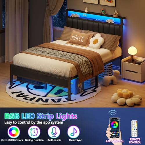 Queen Size Bed Frame with Charging Station and LED Lights