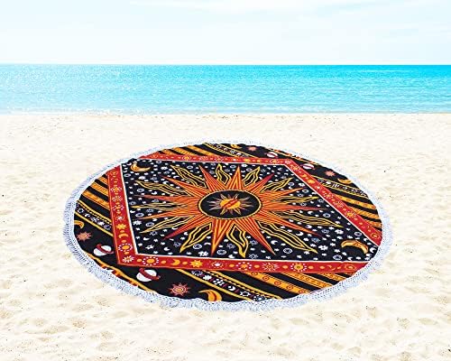 Round Beach Tapestry Turquoise Mandala Throw/Boho Hippie Beach Blanket Roundie/Indian Cotton Bohemian Large Round Table Cloth-Home Decor/Yoga Mat Meditation Picnic Rug (42", Yellow)