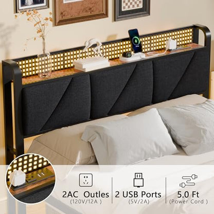 Full Size Bed Frame with Storage Shelf and Upholstered Headboard