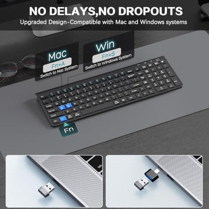 JOYACCESS Wireless Keyboard, 2.4G Ergonomic and Slim Wireless Keyboard with USB & Type C, Full Size and Portable Design for Computer/Laptop/Windows/Mac-Black