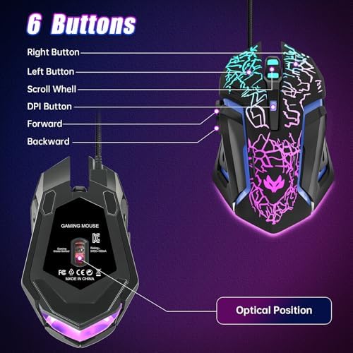 Wired Gaming Mouse,Ergonomic Optical Gaming Mice with 7 Color LED Backlight, 4 DPI Settings Up to 3600 DPI Computer Wired USB Mouse for Laptop/mac, 6 Buttons, Black