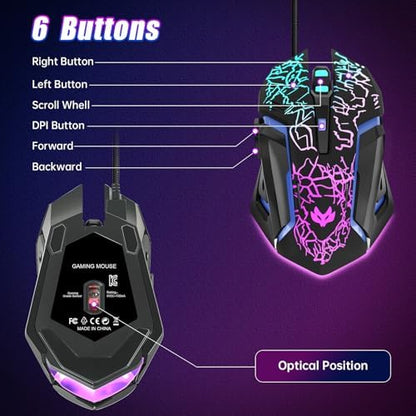 Wired Gaming Mouse,Ergonomic Optical Gaming Mice with 7 Color LED Backlight, 4 DPI Settings Up to 3600 DPI Computer Wired USB Mouse for Laptop/mac, 6 Buttons, Black