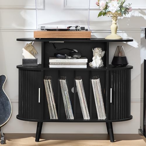 Large Round Record Player Stand with Charging Station