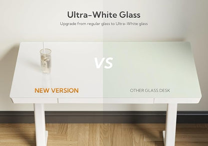 Claiks Glass Standing Desk with Drawers, 48×24 Inch Adjustable Stand Up Desk, Quick Install Home Office Computer Desk with USB Ports, White
