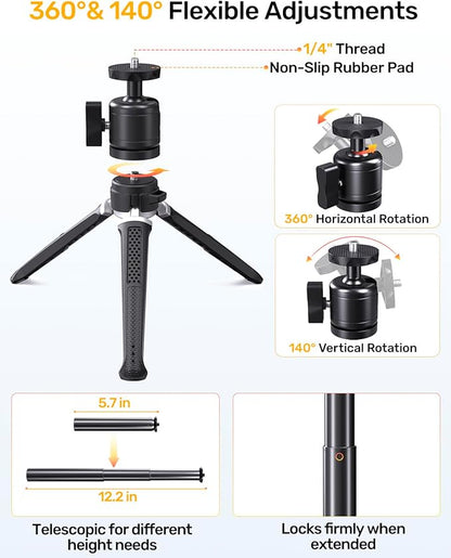 Webcam Tripod Stand for Desk, 3 Level Extendable Camera Tripod Mount for Logitech Webcam C920 C922 C922x C925e C930 C930e C615 Brio 4K NexiGo N60 and More, Camera and Phone Holder with 1/4" Thread