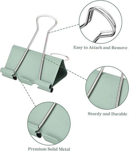 Temiary Aesthetic Binder Clips, Medium Metal Binder Clip with Clear Storage Container, Binding Paperwork Clamps for School Teachers Office Supplies (Green 1.26 Inch, 24P)